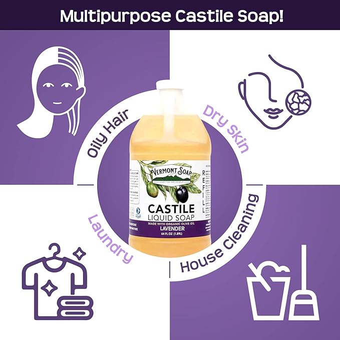Vermont Castile Soap Lavender, Gentle Liquid Soap for Sensitive Skin & Natural Body Wash, Organic Hair Shampoo for Oily Hair, Aloe Castile Soap for Men & Women - 64 Oz