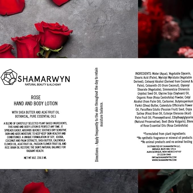 Rose Hand & Body Lotion Natural Organic Shea Butter & Acaí Fruit Oil for Dry Skin 8oz