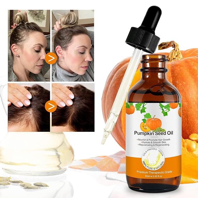 Pumpkin Seed Oil for Hair Growth 2.02 fl.oz, 100% Natural Pure Cold Pressed Pumpkin Oil for Face, Dry Damaged Hair Growth, Moisturizing Scalp Nourishment Strengthen Hair Thickness for Skin and Body