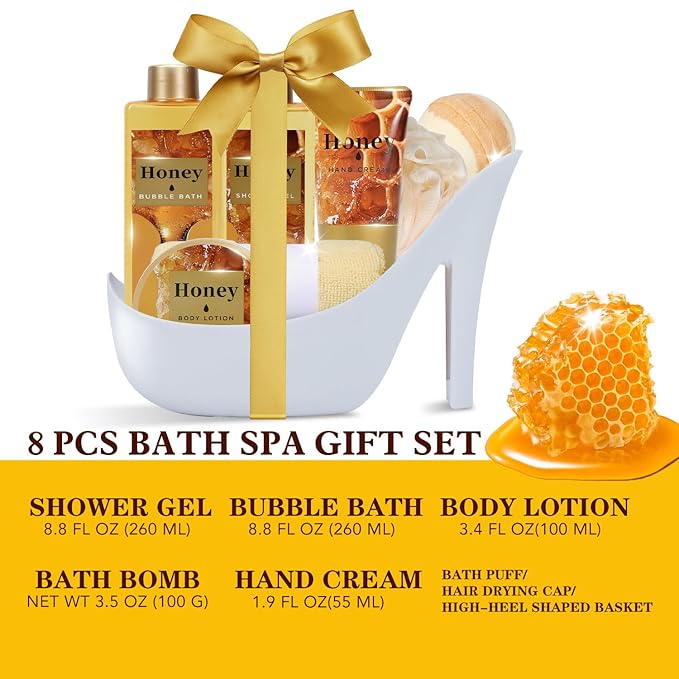 Gifts for Women, Honey Spa Gift Basket for Women, Bath Set with Golden Bath Bombs & Skin-Repairing Butter, Anniversary Gifts for Her, Wife, Girlfriend