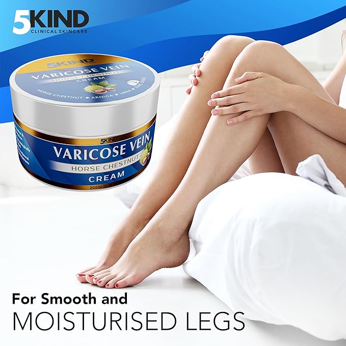 Varicose Veins Treatment for Legs 6.76 Fl Oz - Horse Chestnut Cream for Varicose Veins with Zinc, Avocado & Arnica - Improve the Appearance & Feel of Varicose Veins - Varicose Veins Cream by 5Kind
