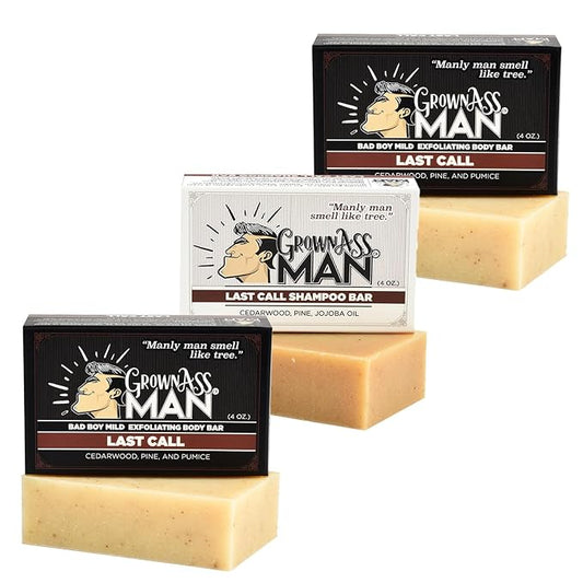 Grown Ass Man Co. Combo Packs - Solid Soap & Shampoo Bars Rich Lather with Natural Oils & Gentle Scrub for Men - Plastic Free & Eco-Friendly, Natural & Organic Deep Clean, 4oz Bars (Last Call 3-Pack)