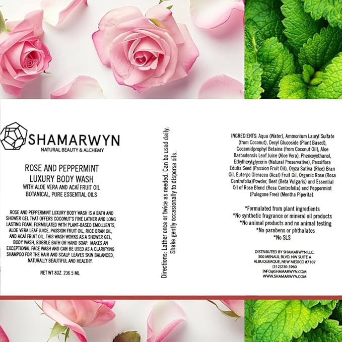 Body Wash, Rose and Peppermint, Natural Organic, Hydrating with Aloe Vera & Acaí Fruit Oil 8oz