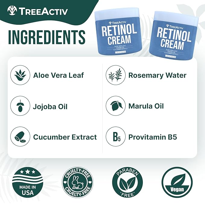TreeActiv Retinol Cream, 2 oz, Retinol Cream for Face and Body, Gentle Retinol Moisturizer with Hyaluronic Acid, Moisturing Women and Mens Retinol Face Cream, Anti Aging Spot Wrinkle Cream, 400 Uses