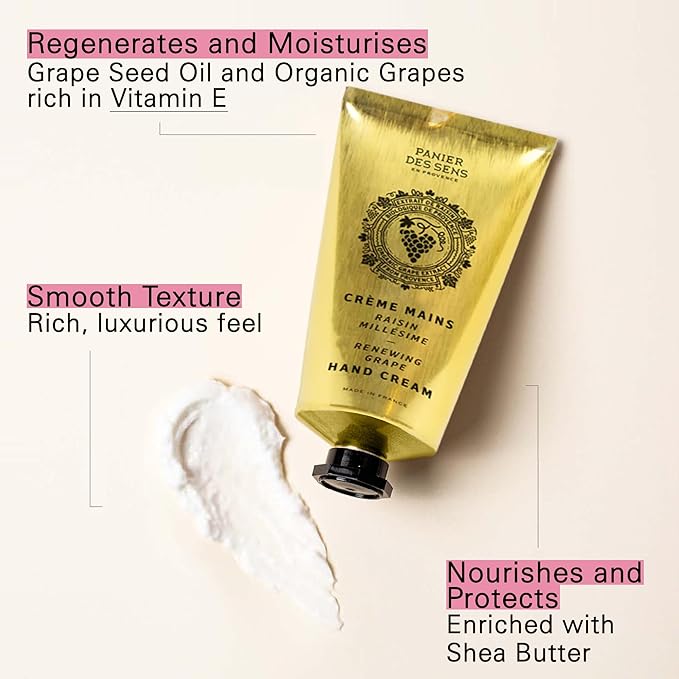 Panier des Sens - Hand Cream for Dry Cracked Hands - Grape Hand Lotion with Shea Butter & Grape Seed Oil - Vitamin E Skin Moisturizer with 97% Natural Ingredients - Made in France, 2.5 fl oz