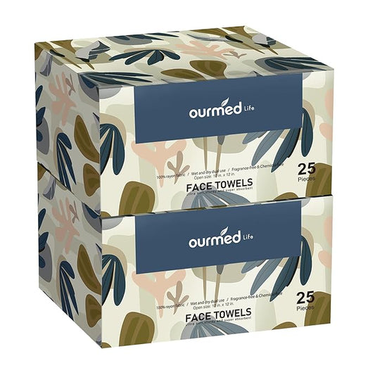 Ourmed Life Face Towels, Disposable Biodegradable Facial Towels for Sensitive Skin, Lint- free Face Wipes for Washing Face, Skincare and Makeup Remover, Dry Wipes, 10"×12" Extra Large, 50 Count
