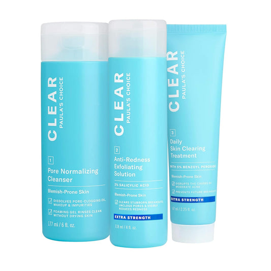 CLEAR 3-Step Acne Treatment Kit – Salicylic Acid Cleanser, 2% BHA Exfoliant & Benzoyl Peroxide Spot Treatment | Fragrance-Free Skincare Set for Mild to Severe Acne & Breakouts | 3-Piece Set