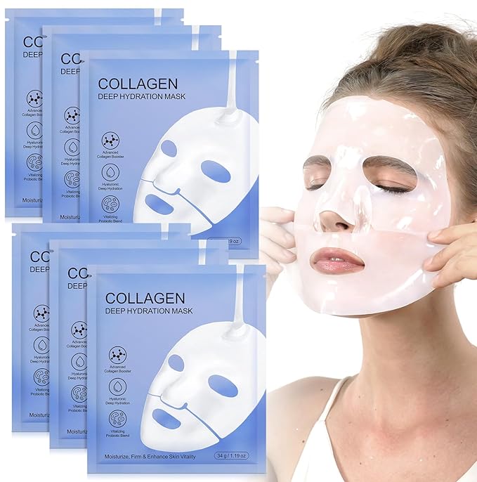 Collagen Face Mask,Firming Collagen Mask with Collagen Peptides for Anti-Aging, Facial Hydrogel Masks with low molecular weight collagen for elasticity and moisturizing