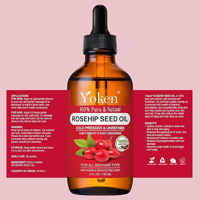Yoken Rosehip Seed Oil For Face,100% Pure Rosehip oils For Skin,Scars,Hair & Nails.4 fl Oz Cold Pressed Rose Hips Oil For Skin Care, Anti-Aging, Scar Treatment, GUA SHA Massage DIY (4 Fl Oz)