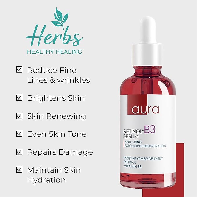 AURA Anti-Aging Retinol Serum 1% – Encapsulated Retinol, Hyaluronic Acid, Vitamin C & E, Collagen, Niacinamide – Value Pack 1.69 Fl Oz – Hydrates, Smooths & Revitalizes Skin