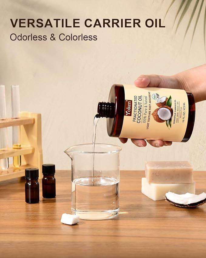 Yoken Fractionated Coconut Oil for Skin 16 Oz, 100% Pure & Natural Liquid Coconut Oil, Moisturizer for Hair, Face, Body, Carrier Oil for Essential Oils Mixing, Massage, Hexane Free, Unscented