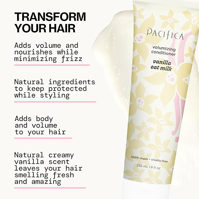 Pacifica Vanilla Oat Milk Hair Conditioner – Volumizer for Fine/Flat Hair, Weightless Oat Milk & Apple Extract for Bounce & Smoothness, Silicone Free Clean Beauty, Vegan Cruelty-Free