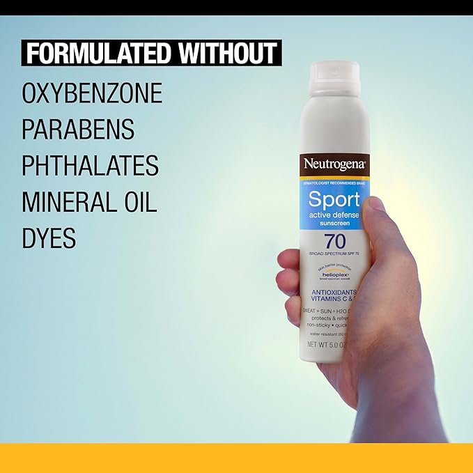 Neutrogena Sport Active Defense SPF 70 Sunscreen Spray, Sweat & Water Resistant Spray Sunscreen with Broad Spectrum Protection for Sunburn Prevention, Oxybenzone-Free, Twin Pack, 2 x 5 oz