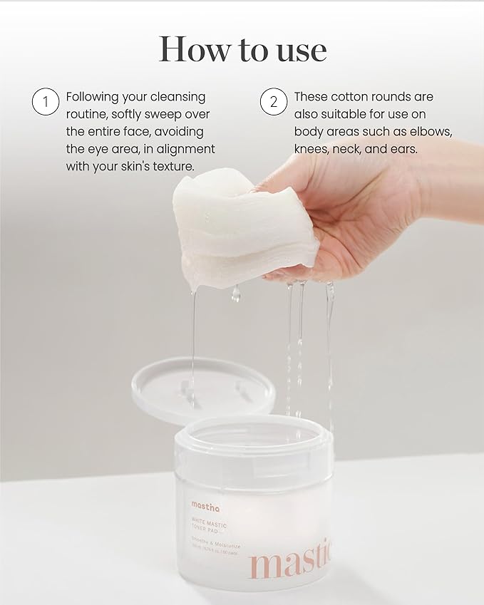 MASTINA White Mastic Toner Pad (60 Count) 100% Vegan Cotton Rounds. Improve Skin Texture & Remove Residual Impurities