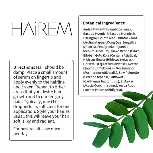 HAiREM™ Botanical Hair Serum, Promotes Hair Growth, Thicker & Fuller Hair, Darkens Grey Hair, For Men & Women - 2oz (1 Bottle)