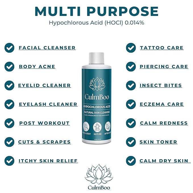 Hypochlorous Acid Spray for Face & Skin - HOCl, Acne Prone Skin, Eczema, Natural Tattoo Aftercare, Piercing Aftercare Spray, Eye Lash Cleanser, Face Mist Toner, Wound Care Cleanser, 16 Fl Oz