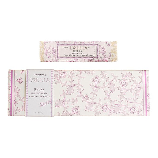 LOLLIA Relax Handcreme Bundle, 4 oz. & .33 oz. – Lavender & Honey – Scented Hand Cream for Women, Moisturizing Hand Lotion for Dry Hands, Shea & Cocoa Butter, Quick Absorbing Lotion, Travel Lotion