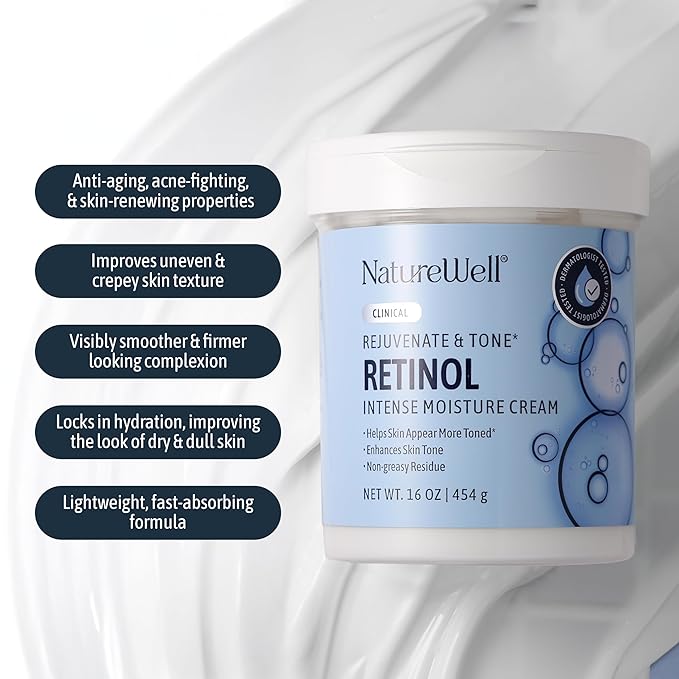 NATURE WELL Clinical Retinol Advanced Moisture Cream for Face, Body, & Hands, Boosts Skin Firmness, Enhances Skin Tone, No Greasy Residue, 10 Oz (Packaging May Vary)