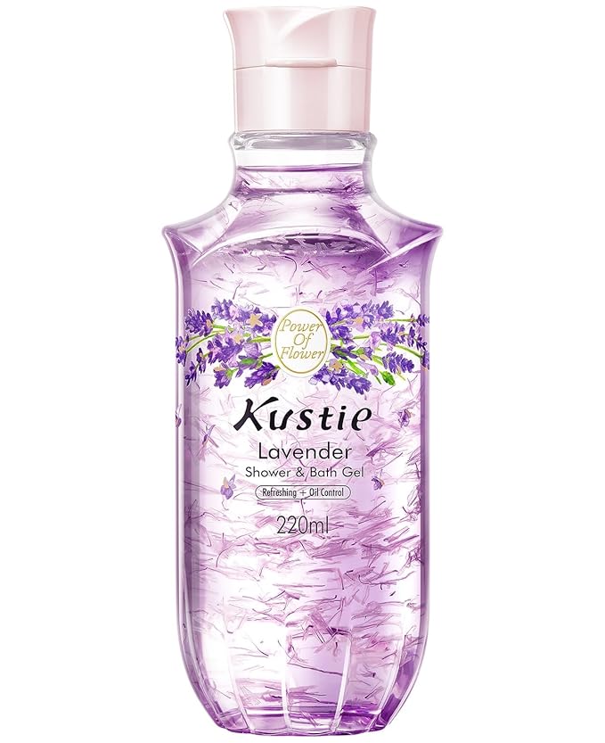 Kustie Lavender Petal Body Wash – 220ml Portable Shower Gel with Real Provence Petals & Tea Tree Oil – Antibacterial, Moisturizing, Anti-Acne, 24HR Floral Scent for Oily, Sensitive & Dry Skin