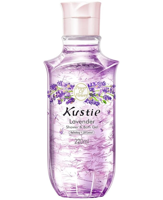 Kustie Lavender Petal Body Wash – 220ml Portable Shower Gel with Real Provence Petals & Tea Tree Oil – Antibacterial, Moisturizing, Anti-Acne, 24HR Floral Scent for Oily, Sensitive & Dry Skin