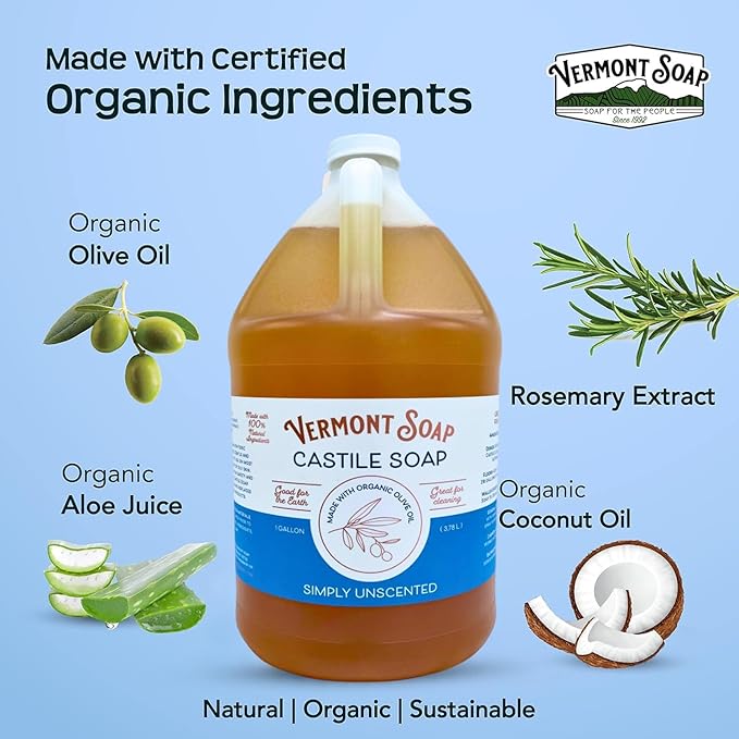 Vermont Castile Soap Unscented, Gentle Liquid Soap for Sensitive Skin & Natural Body Wash, Organic Hair Shampoo for Oily Hair, Aloe Castile Soap for Men & Women - Gallon