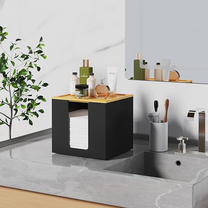 VITVITI Disposable Face Towel Holder Containers, Metal Iron Facial Clean Towels Box for XL Clean Skin Club, Large Capacity With Bamboo Lid for Bathroom, Black