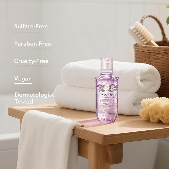Kustie Lavender Petal Body Wash – 220ml Portable Shower Gel with Real Provence Petals & Tea Tree Oil – Antibacterial, Moisturizing, Anti-Acne, 24HR Floral Scent for Oily, Sensitive & Dry Skin