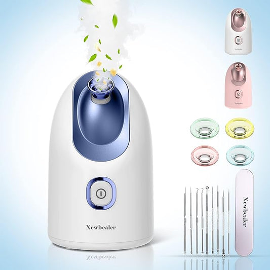 Newbealer Facial Steamer, Mini Aroma Face Steamer, Nano Ionic Hot Mist Face Humidifier for Facial Deep Cleaning, Home Sauna Spa Sprayer with 9 Pieces Acne Remover Kit (Blue, 160ml)