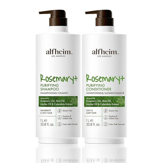 Alfheim Rosemary+ Purifying Shampoo & Conditioner Set | Rosemary & Peppermint Oil for Controling Excess Oil | Calendula & Jojoba for Deep Moistizing and Adding Shine | Sulfate-Free | 33.8 fl oz Each