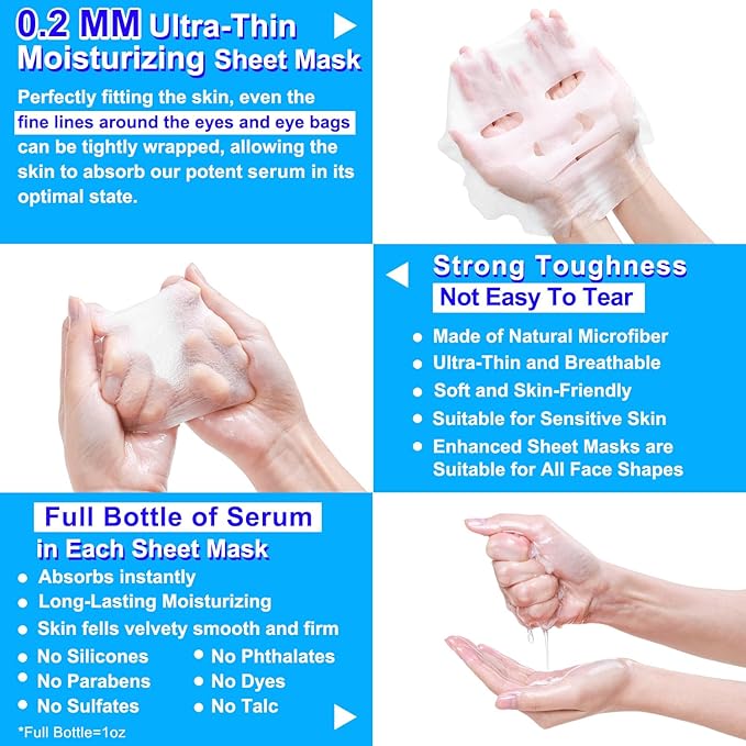 Collagen Face Mask with Hyaluronic Acid, Vitamin E Oil for Skin Care Hydrating, Moisturizing, Brightening & Anti Aging Face Masks Skincare for Oil, Dry, Acne, Sensitive All Skin Types 5PCS