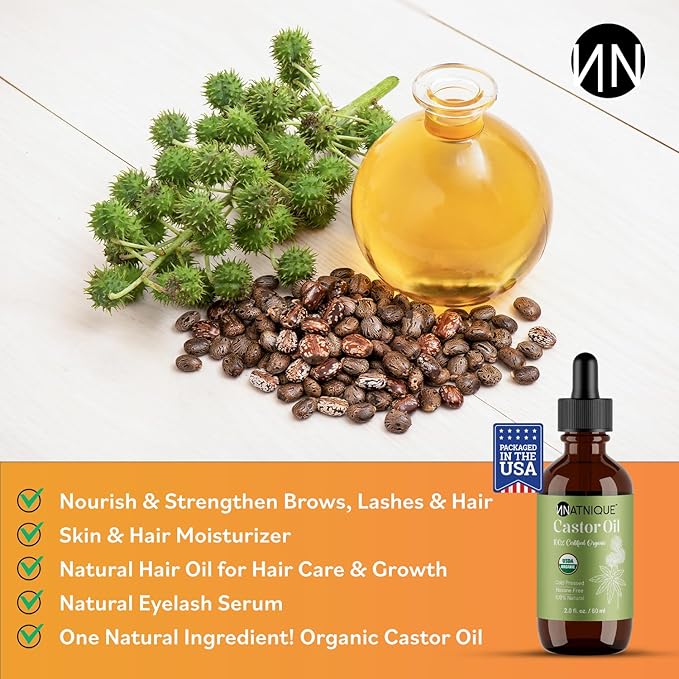 Castor Oil 2oz – USDA Certified Organic, 100% Pure Cold Pressed Unrefined Oil for Hair Growth, Eyelashes, Eyebrows & Scalp – Natural Skin Moisturizer, Lash Serum & Hair Treatment