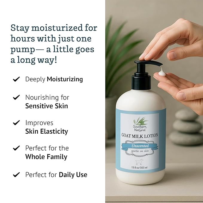 Southern Natural Goat Milk Lotion – Nourishing Face, Body & Hand Moisturizer for Dry & Sensitive Skin - Hydrating Cream, Gentle Skincare for Soft & Smooth Feel - Unscented 12oz