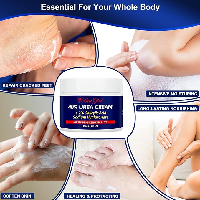 BeaGirl Urea Cream 40 Percent for Feet,Foot Cream & Hand Cream Maximum Strength with 2% Salicylic Acid,Hyaluronic Acid, for Dry Cracked Heels Feet Knees Elbows Hands-5.29 Fl.oz