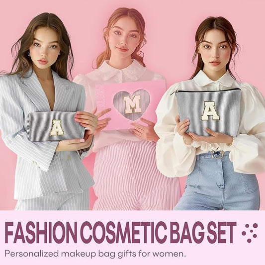 2 PCS Initial Makeup Bags for Women: Cosmetic Bag for Travel Toiletry - Birthday Gifts for 11 12 13 14 15 16 17 18 Years Old Girl Graduation Teacher Gift- Teen Girl Gifts Trendy Stuff - Black K