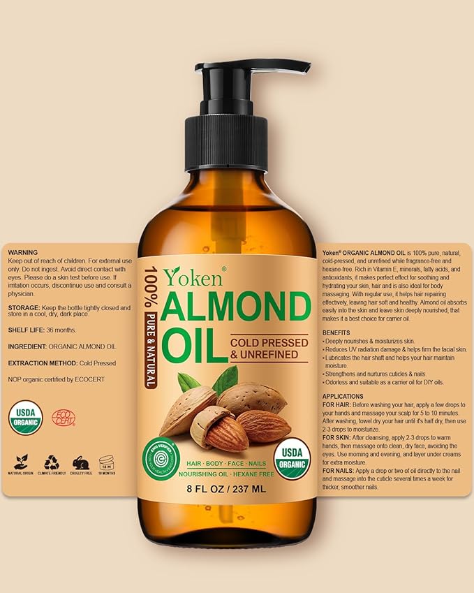 Yoken Organic Almond Oil 8 fl oz, USDA 100% Pure Natural Cold Pressed Almond Oils in Glass Bottle, Moisturizing Carrier Oil for Face, Hair & Body - Ideal for Skin Care, Soothing Massage & DIY Beauty