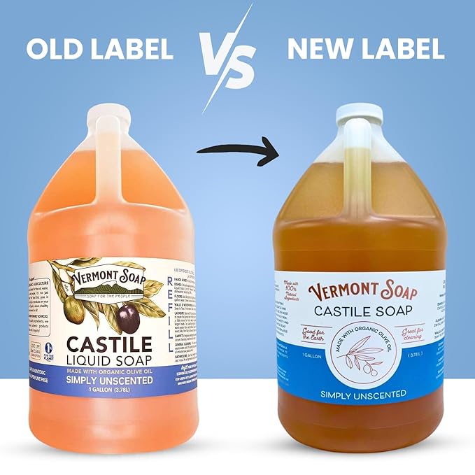 Vermont Castile Soap Unscented, Gentle Liquid Soap for Sensitive Skin & Natural Body Wash, Organic Hair Shampoo for Oily Hair, Aloe Castile Soap for Men & Women - Gallon