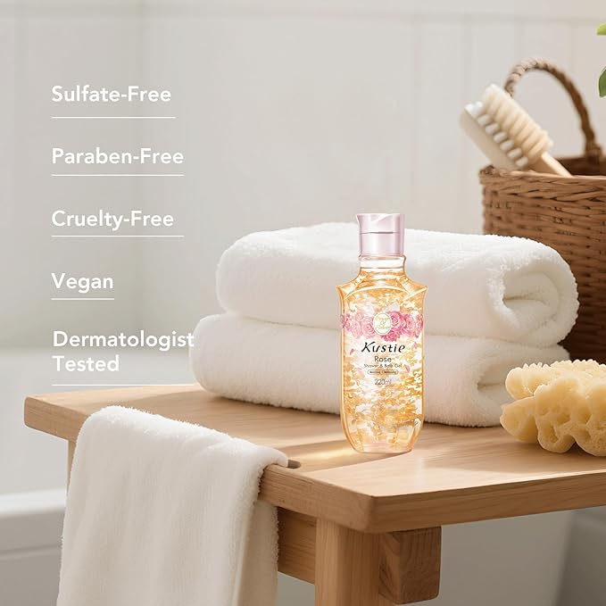 Kustie Rose Anti-Aging Body Wash, Real Petals & Rose Oil, 24H Fragrance & Deep Moisturizing, Clear Free Radicals Cleanse Perfume Shower Gel for Dry & Mature Skin, 7.4 fl oz