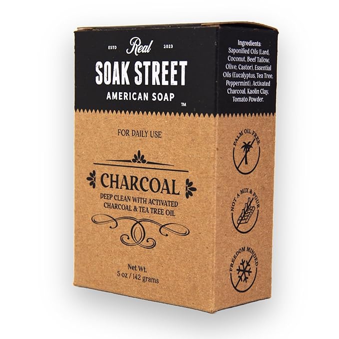 Real American Soap with Activated Charcoal & Tea Tree Oil (3 Pack) – Long-Lasting, Moisturizing Natural Bar Soap with Grass Fed Tallow, Gentle Conditioning Lard, & Coconut Oil – Daily Use
