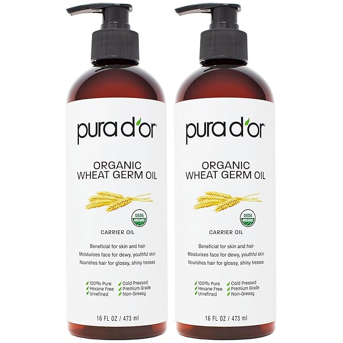 PURA D'OR ORGANIC Wheat Germ Oil (16 Oz x2 = 32 Oz) 100% Pure & Natural USDA Certified Cold Pressed Carrier Oil - Vitamin E Rich, Moisturizing & Nourishing Anti-Aging Properties - Healthy Hair Growth