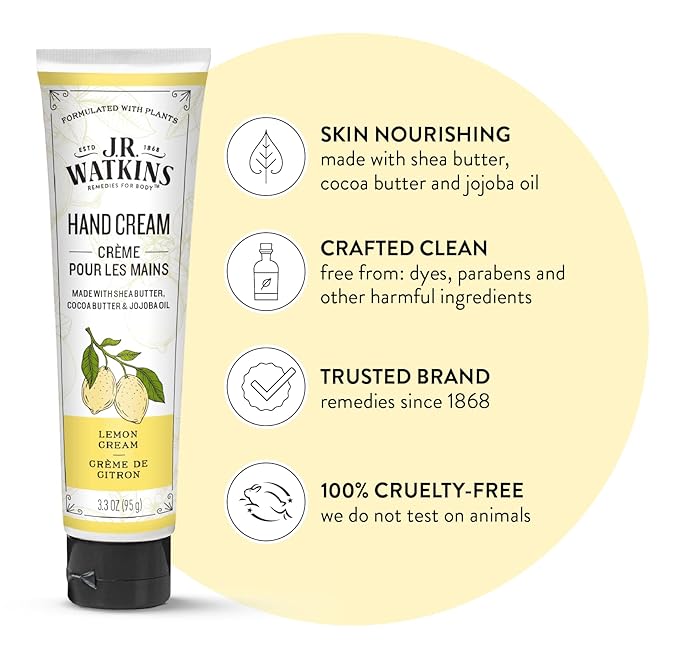 J.R. Watkins Natural Moisturizing Hand Cream, Hydrating Hand Moisturizer with Shea Butter, Cocoa Butter, and Avocado Oil, USA Made and Cruelty Free, 3.3oz, Lemon Cream, Single