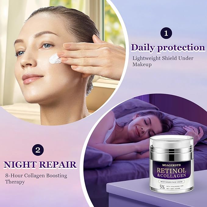Retinol Collagen Cream is a Anti-aging and deeply hydrating formula. It's loaded with retinol and hyaluronic acid, making it suitable for use both during the day and at night 1.86 Fl Oz