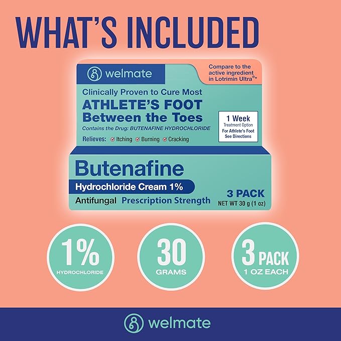 WELMATE - Athletes Foot Treatment Extra Strength - Antifungal Cream - Butenafine Hydrochloride - Relief from Ringworm, Athlete's Foot & Jock Itch - Foot Care - Nail Fungus Treatment For Toenail - 3 Pk