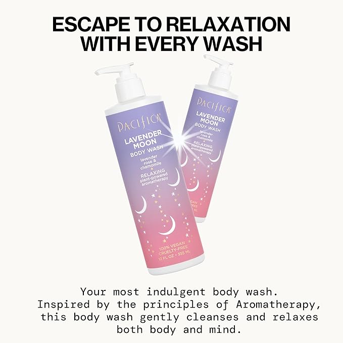 Pacifica Beauty Lavender Moon Body Wash with Pump, Bath and Shower Gel, Hyaluronic Acid, Rose, Chamomile, Moisturizing, Hydrating, Cleansing, Soothing, Calming, Relaxing, Vegan, 12 fl oz (1 Count)