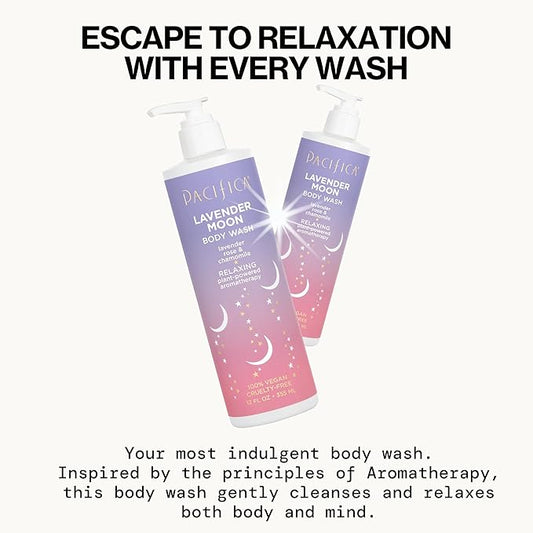 Pacifica Beauty Lavender Moon Body Wash with Pump, Bath and Shower Gel, Hyaluronic Acid, Rose, Chamomile, Moisturizing, Hydrating, Cleansing, Soothing, Calming, Relaxing, Vegan, 12 fl oz (1 Count)