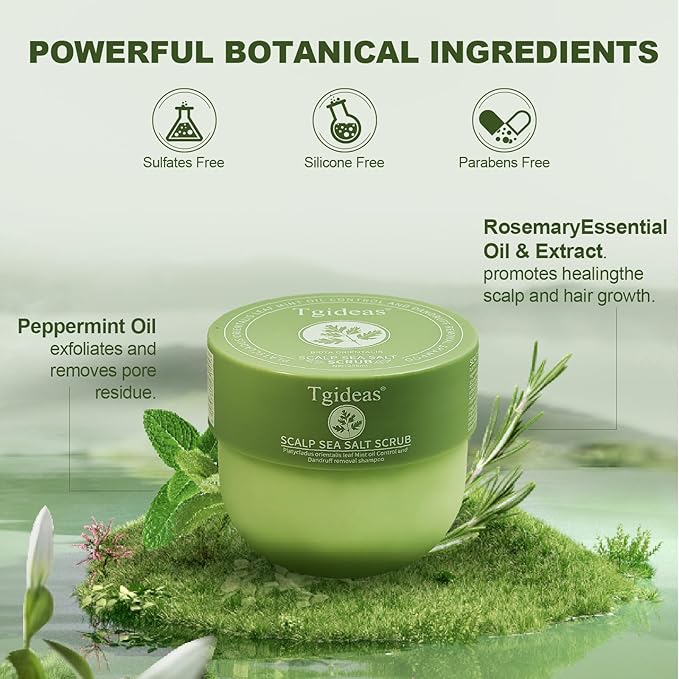 Sea Salt Scalp Scrub, Rosemary Scalp Exfoliator Shampoo, 2-in-1 Hair Treatment with Mint Argan Oil Keratin, Lasting Fluffy, Clarifying and Buildup Removal Hair Care with Silicone Massager