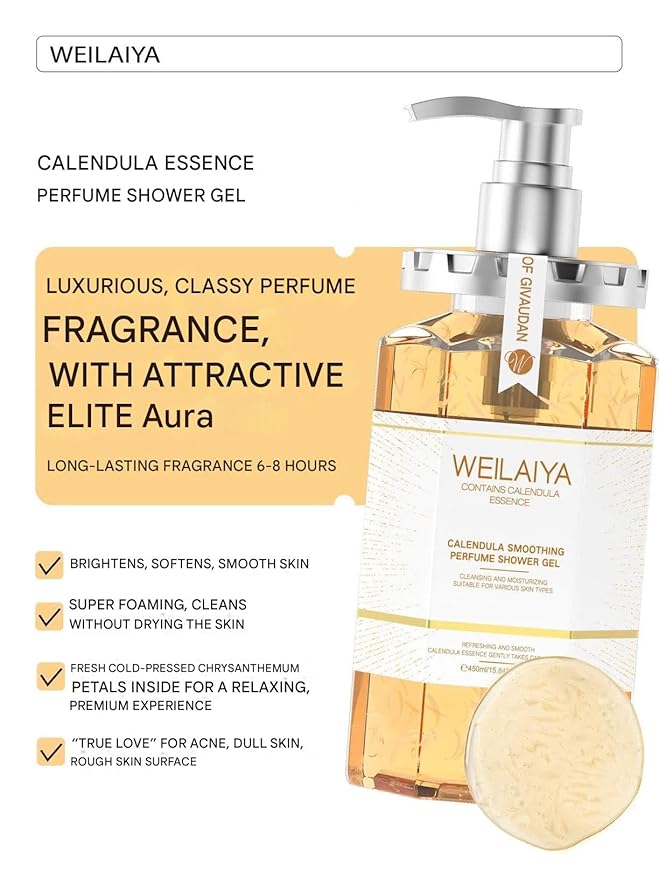 Weilaiya Calendula Shower Gel – 450mL / 15.2 fl oz – Soothing Body Wash for All Kinds of Skin, Especially Sensitive Skin – Natural Calendula Extract, Hydrating & Gentle Daily Anti Aging Cleanser