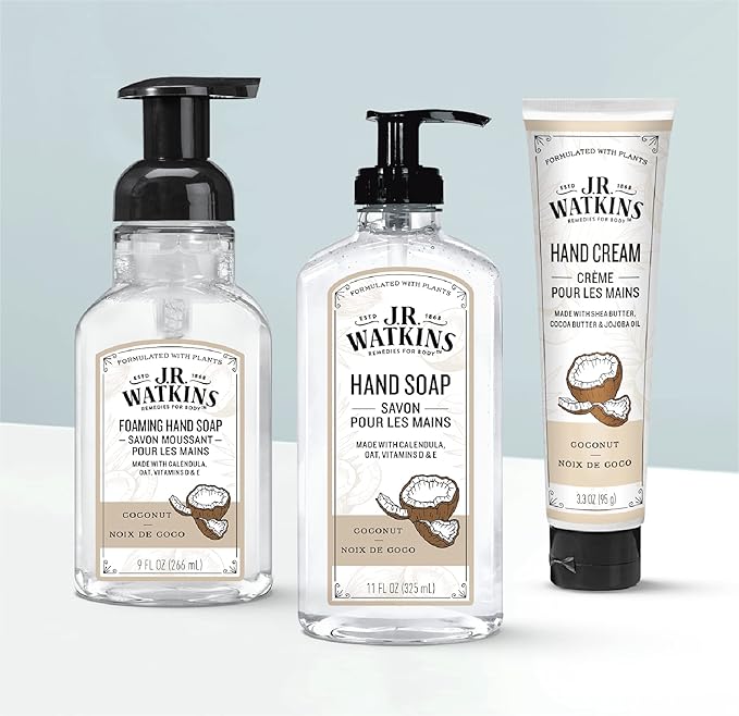 J.R. Watkins Natural Moisturizing Hand Cream, Coconut, Hydrating Hand Moisturizer with Shea Butter, Cocoa Butter, and Avocado Oil, USA Made and Cruelty Free, 3.3oz