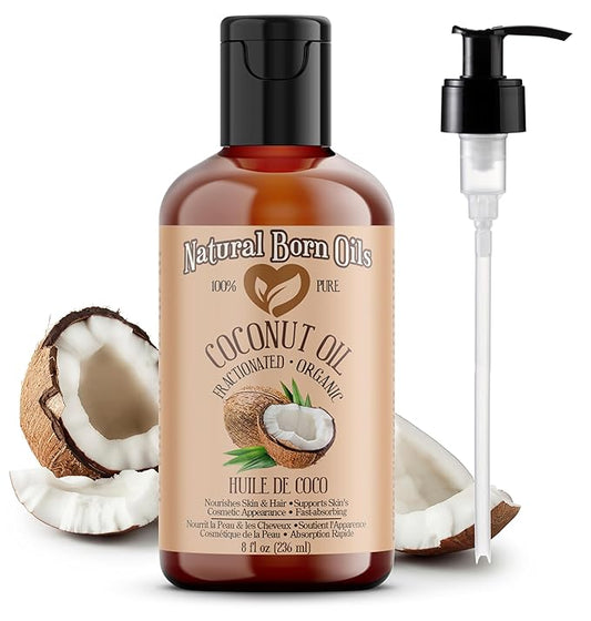 Coconut Oil Fractionated, 8oz, Organic, Cold-Pressed, Non-Greasy, Skin Moisturizer, Hair Shine Enhancer, Natural Born Oils.