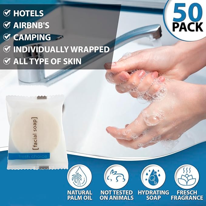 |0.85 OZ|50Pack| Bulk Hotel Soap|Individually Wrapped Travel Bars|Mini Trial size Toiletries| Motel Guest Bathroom Vacation Rentals Hospitality