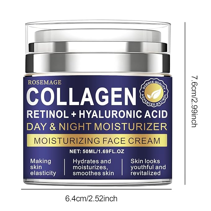 Rosemage Collagen Retinol Face Cream with Hyaluronic Acid, Day and Night Moisturizer for Anti-Aging, Hydrating Face Cream, 1.69 Fl Oz